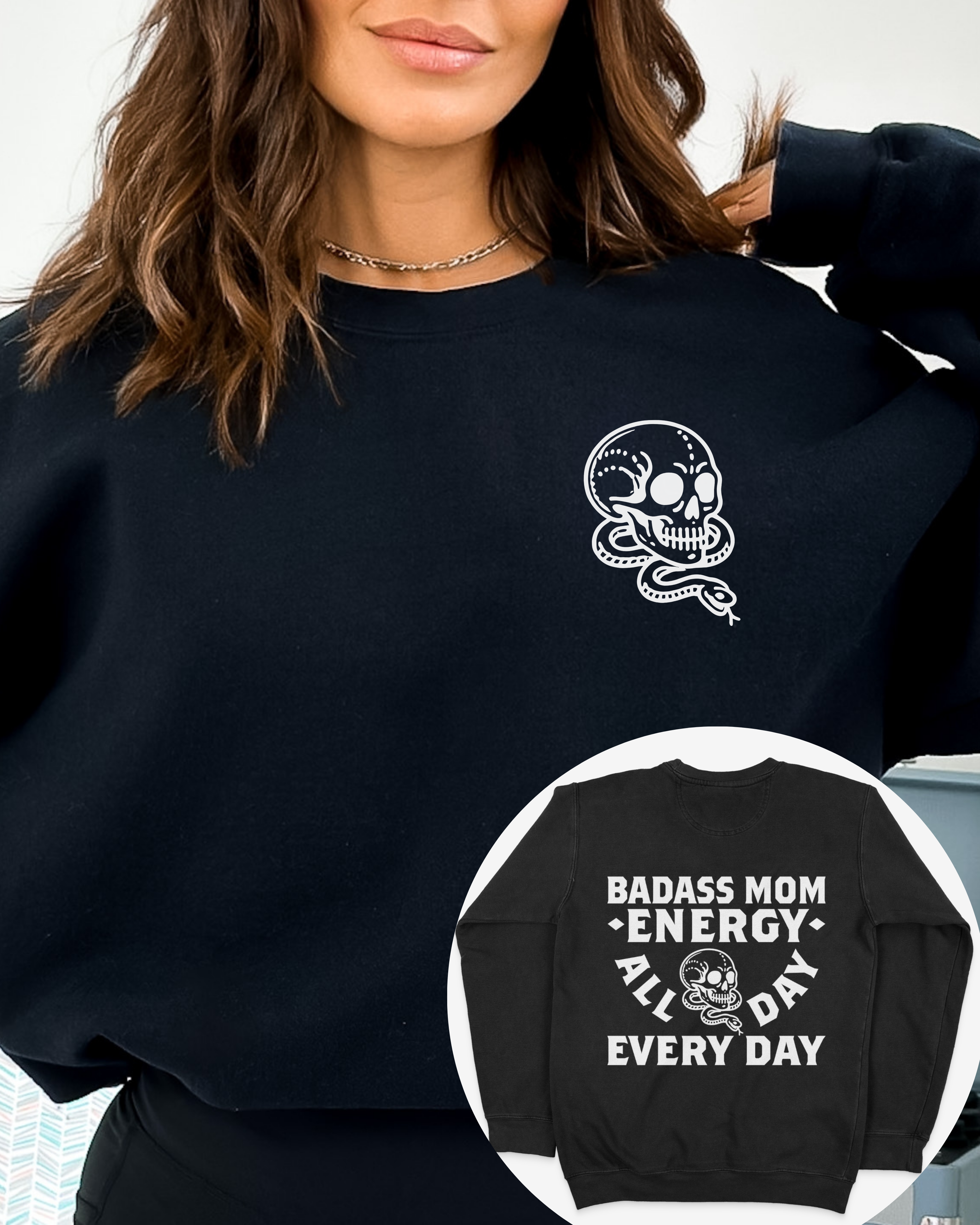 Badass Mom Energy - Adult Crewneck Sweatshirt (Black)