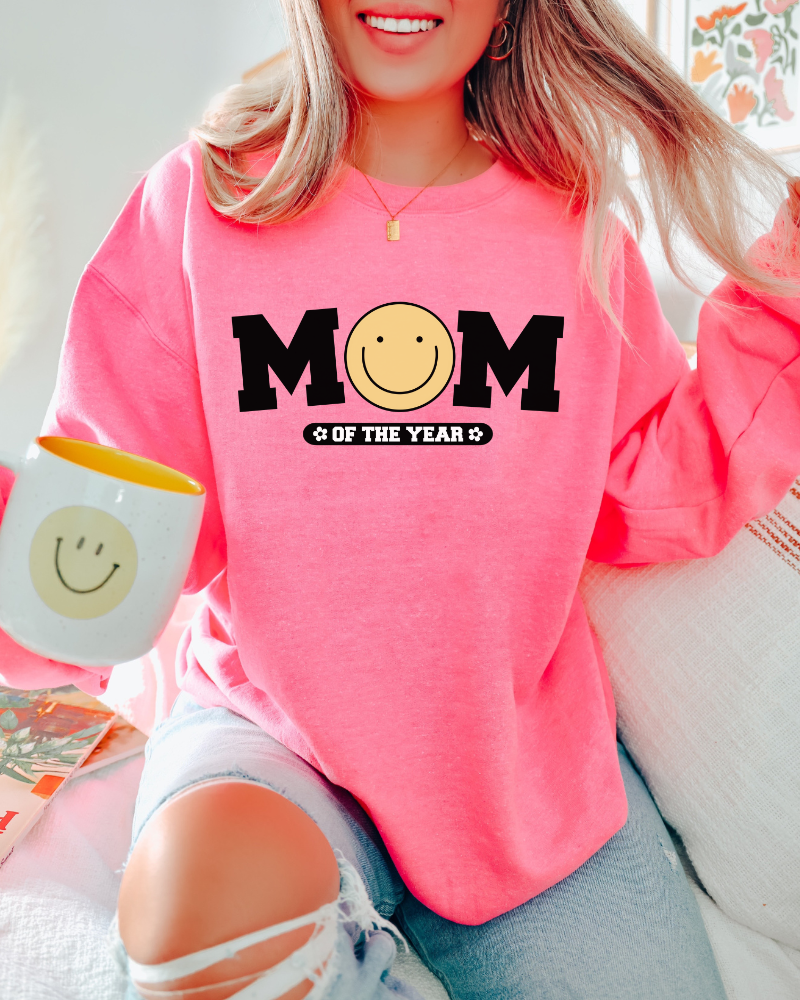 Mom Of The Year - Adult Crewneck Sweatshirt (Safety Pink)