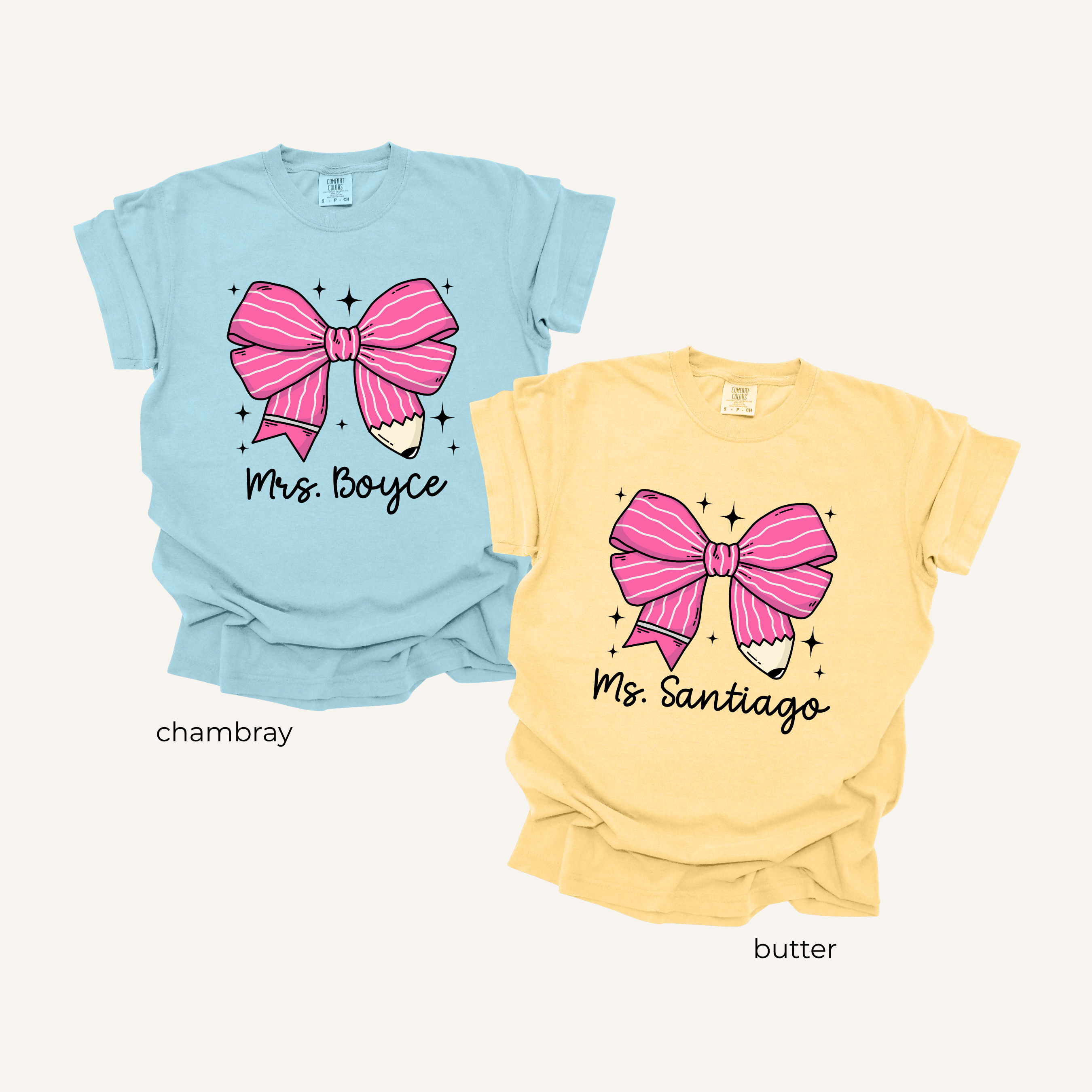 Personalized Pink Pencil Bow - Short Sleeve Adult T-Shirt