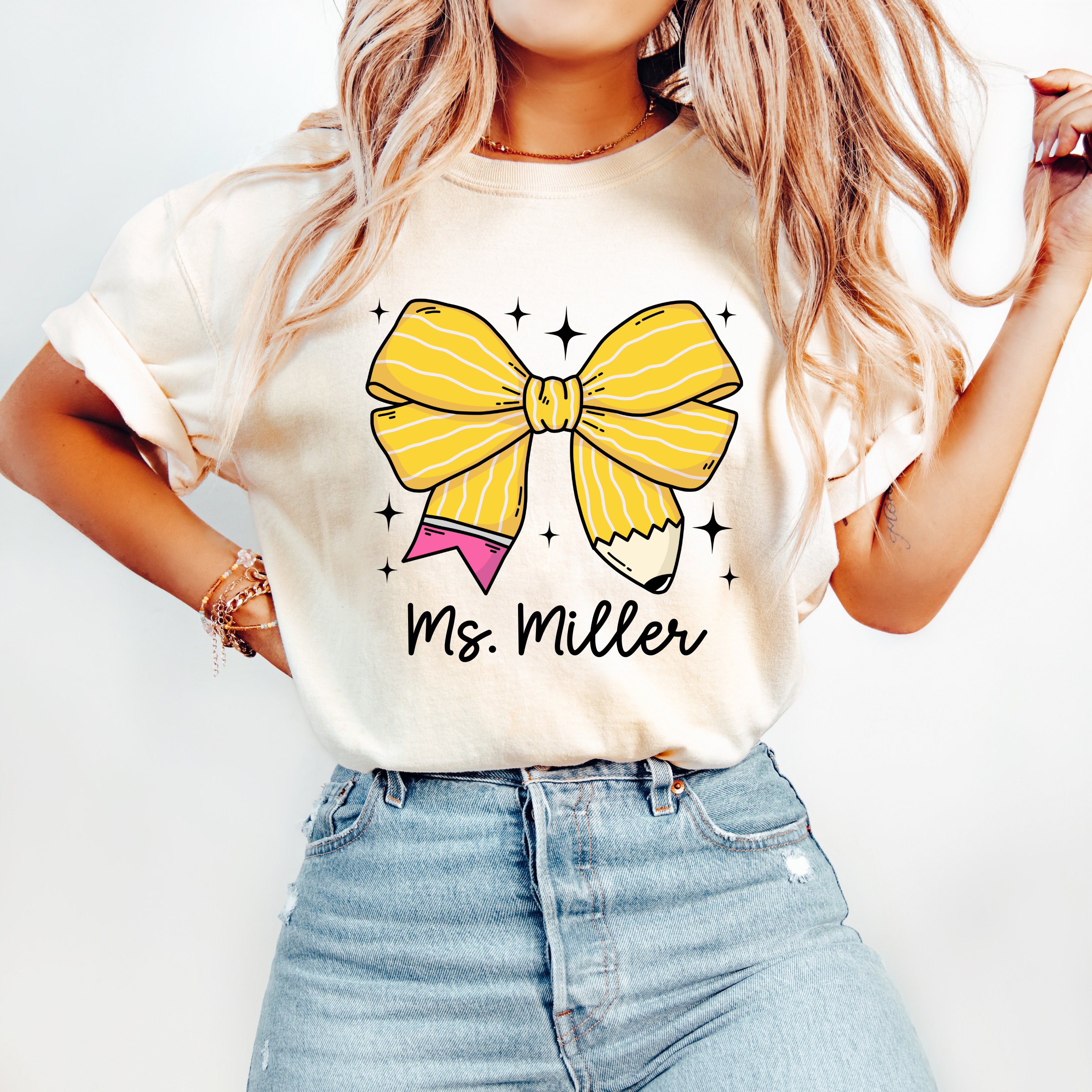 Personalized Yellow Pencil Bow - Short Sleeve Adult T-Shirt