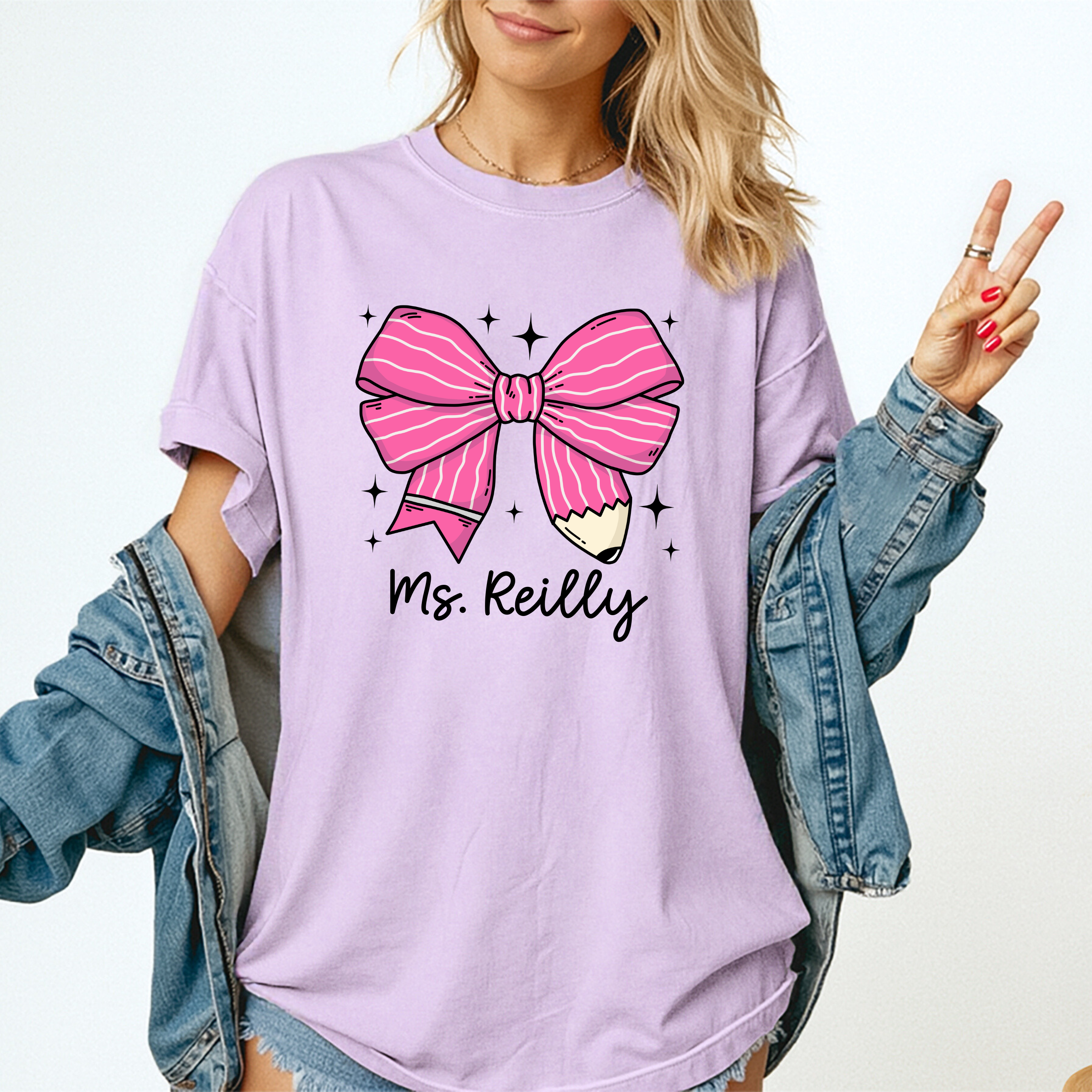 Personalized Pink Pencil Bow - Short Sleeve Adult T-Shirt