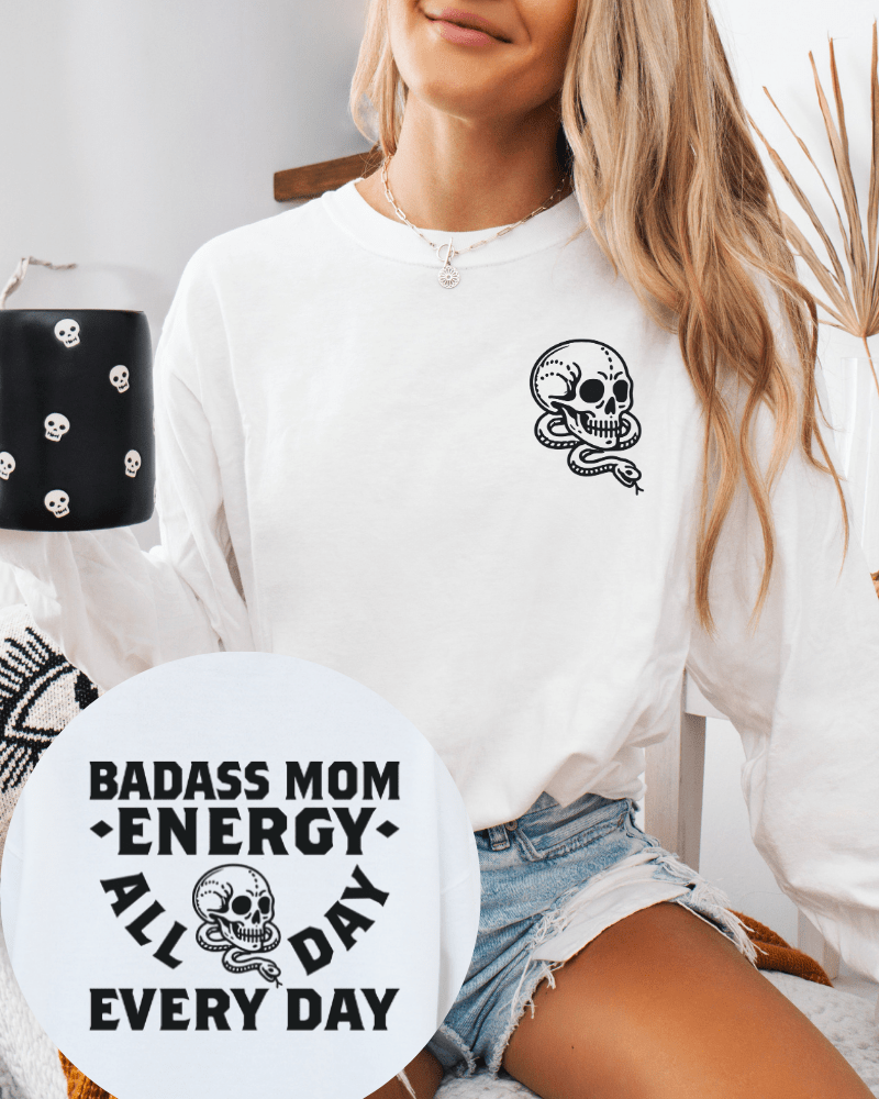 Badass Mom Energy - Adult Crewneck Sweatshirt (White) - Lily + AJ Clothing Co.