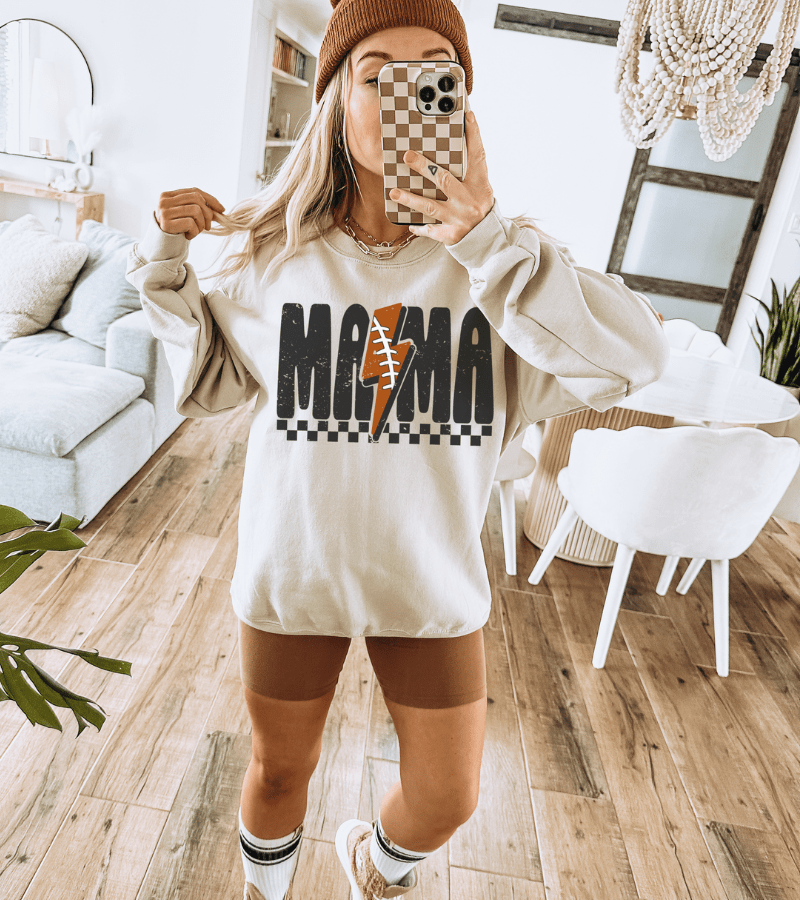 Lighting Bolt Football Mama - Adult Crewneck Sweatshirt - Lily + AJ Clothing Co.